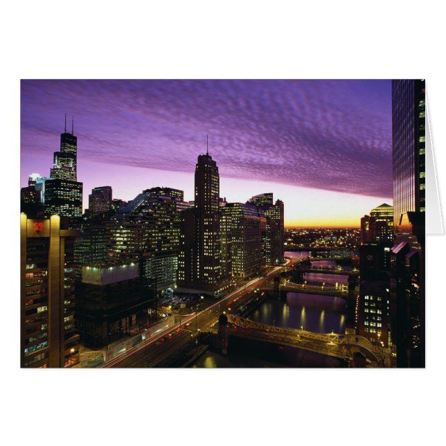 USA, IL, Chicago. Chicagos skyline och flod Hälsningskort (Framsidan Horizontal)