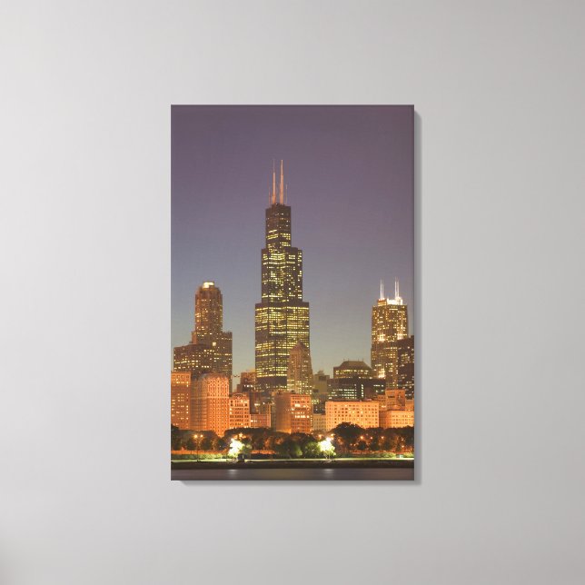 USA, Illinois, Chicago: Stadssiluett / Kväll Canvastryck (Framsida)