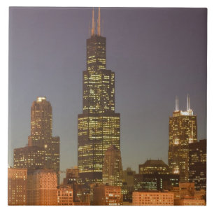USA, Illinois, Chicago: Stadssiluett / Kväll Kakelplatta