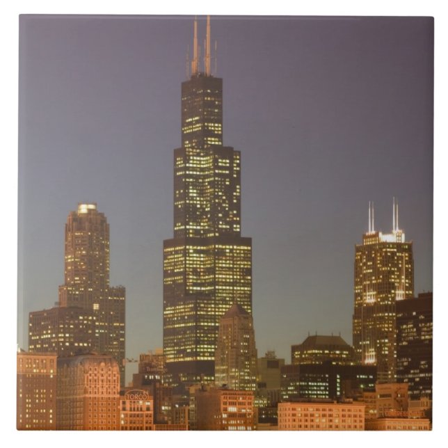 USA, Illinois, Chicago: Stadssiluett / Kväll Kakelplatta (Framsidan)