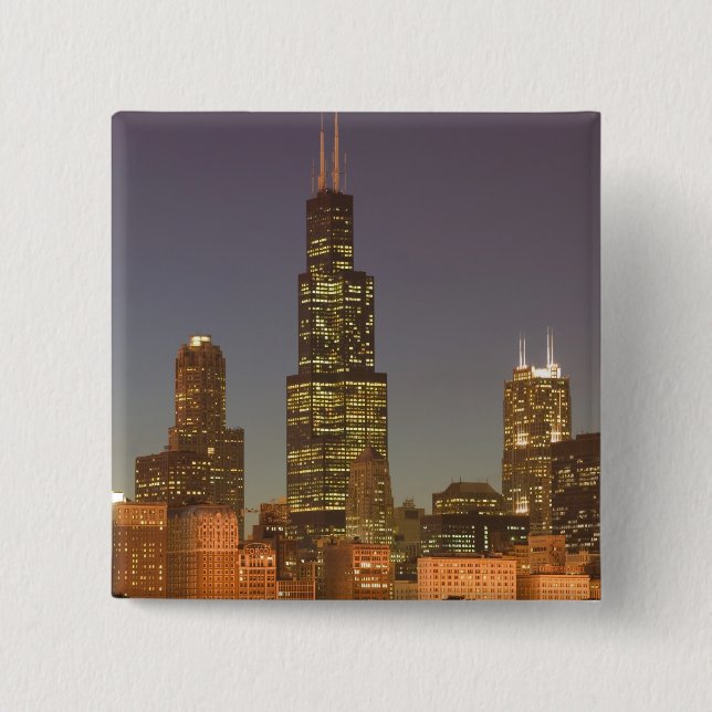 USA, Illinois, Chicago: Stadssiluett / Kväll Knapp (Framsida)