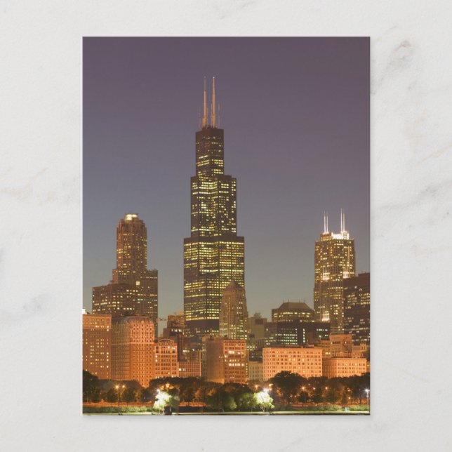 USA, Illinois, Chicago: Stadssiluett / Kväll Vykort (Framsida)