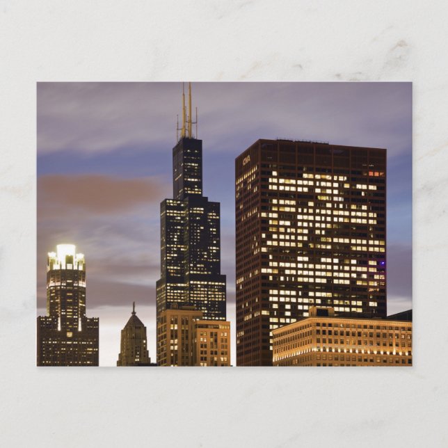 USA, Illinois, Chicago, Upplysta skyscraper Vykort (Framsida)