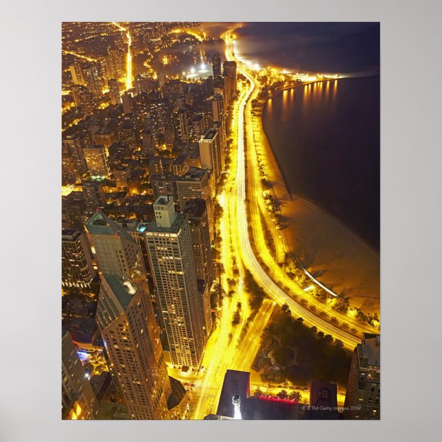 USA, Illinois, flygvy över Chicago vid dusk Poster (Framsidan)