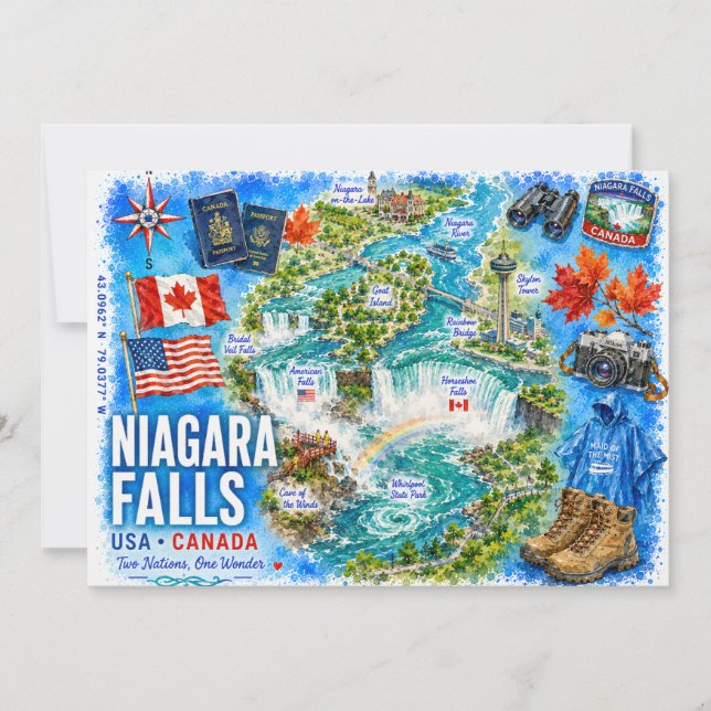 USA Kanada Illustrerad Karta Niagara Falls Vykort (Framsida)