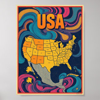 USA Karta Illustration Poster