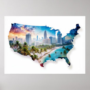 USA Karta med Landscapes Poster