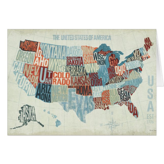 USA karta med stater i ord Hälsningskort (Framsidan Horizontal)