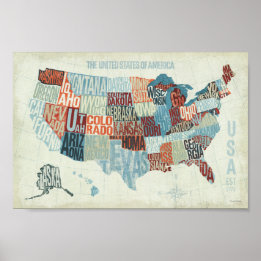 USA Karta med Stater i Ord Poster