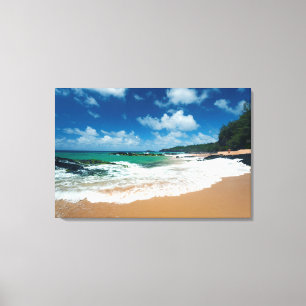USA, Kauai, Hawaii. En kvinna promenerar på klippo Canvastryck