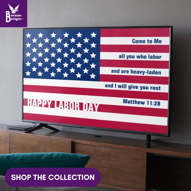 USA LABOR DAY Patriotic Christian Ram Art TV Poster (Patriotic USA Labor Day wall art for display TV with Christian Bible verse from Matthew 11:28)