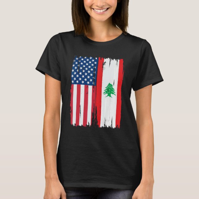 USA Libanon Halamerican Flagga Roots T Shirt (Framsida)