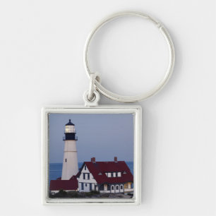 USA, Maine, Portland, Cape Elizabeth, fyr Fyrkantig Silverfärgad Nyckelring