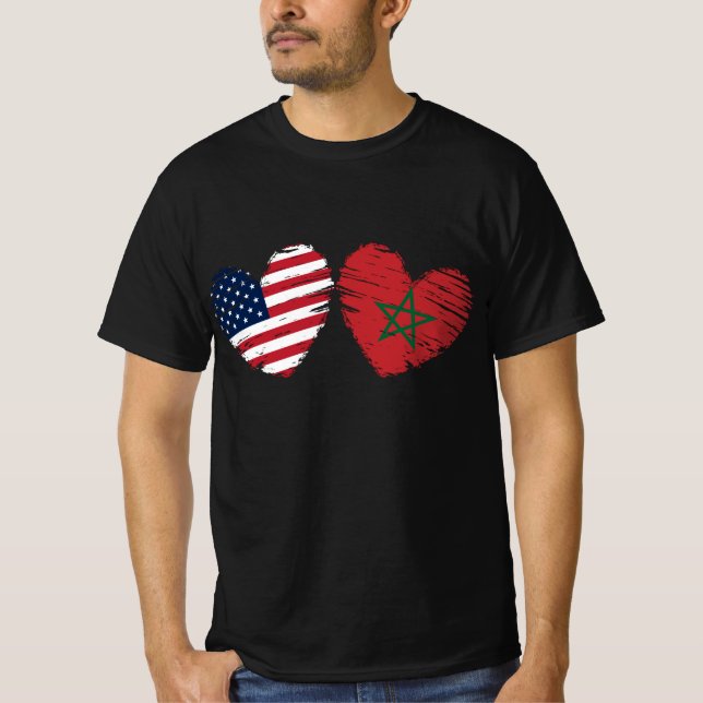 USA Marocko Flagga Heart Moroccan Amerikanska T Shirt (Framsida)