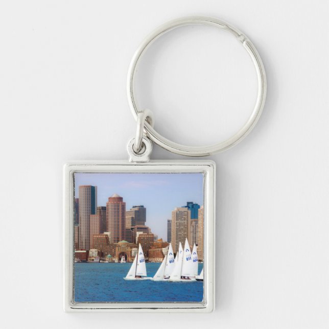USA, Massachusetts. Boston Waterfront Skyline 4 Fyrkantig Silverfärgad Nyckelring (Framsidan)