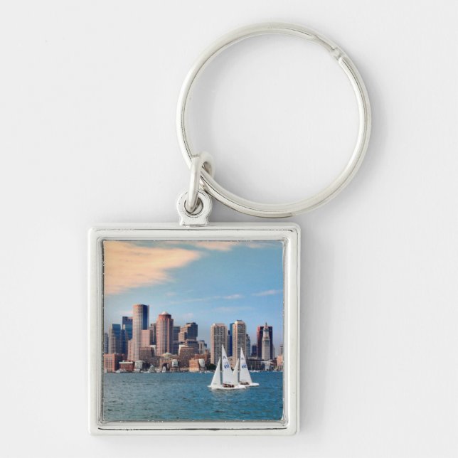 USA, Massachusetts. Bostons strandskyline 3 Fyrkantig Silverfärgad Nyckelring (Framsidan)
