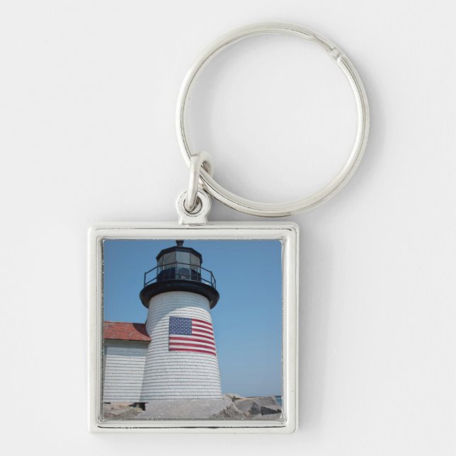 USA, Massachusetts, Nantucket. Brant Point Fyrkantig Silverfärgad Nyckelring (Framsidan)