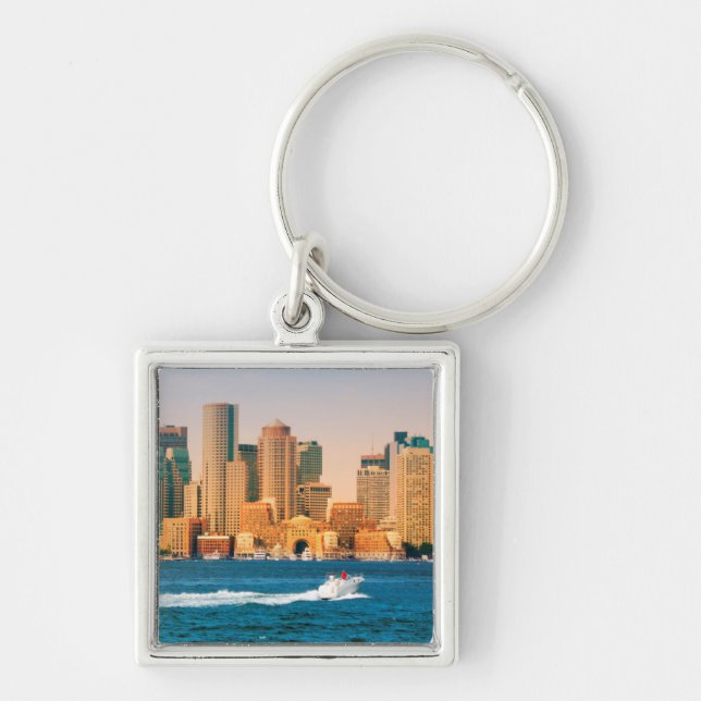 USA, Massachusetts. Panorama över Boston Waterfron Fyrkantig Silverfärgad Nyckelring (Framsidan)