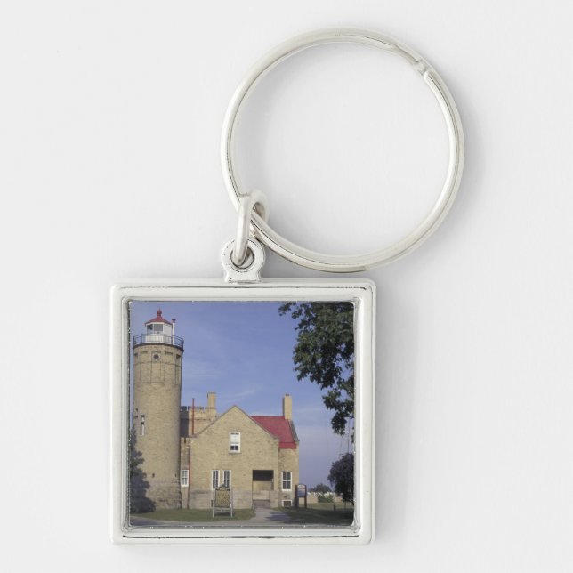 USA, Michigan Gamla Mackinac Point Fyren Fyrkantig Silverfärgad Nyckelring (Framsidan)