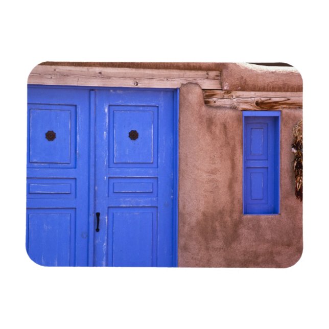 USA, New mexico, Santa Fe. Visa blå dörr och Magnet (Horisontell)