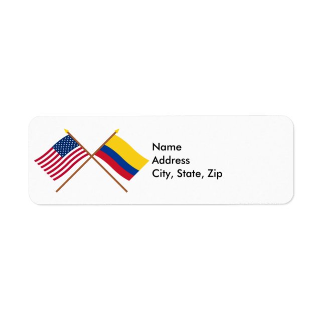 USA och Colombia Crossed Flaggor Returadress Etikett (Framsidan)