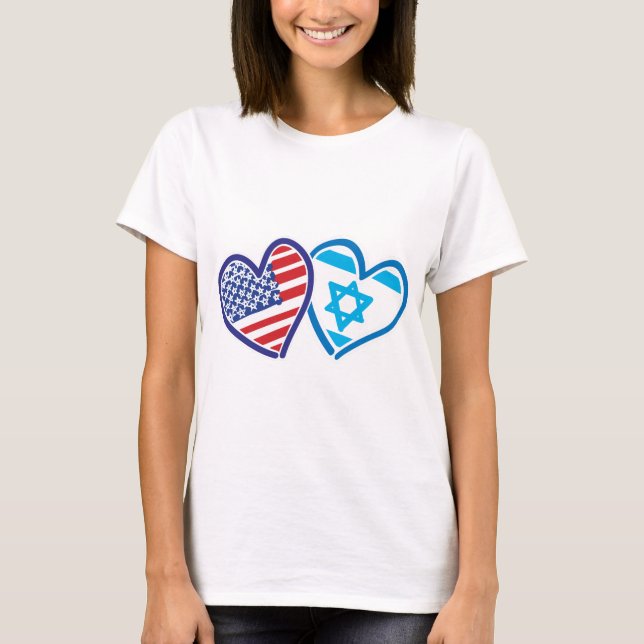 USA och ISRAEL Flagga Hearts T Shirt (Framsida)