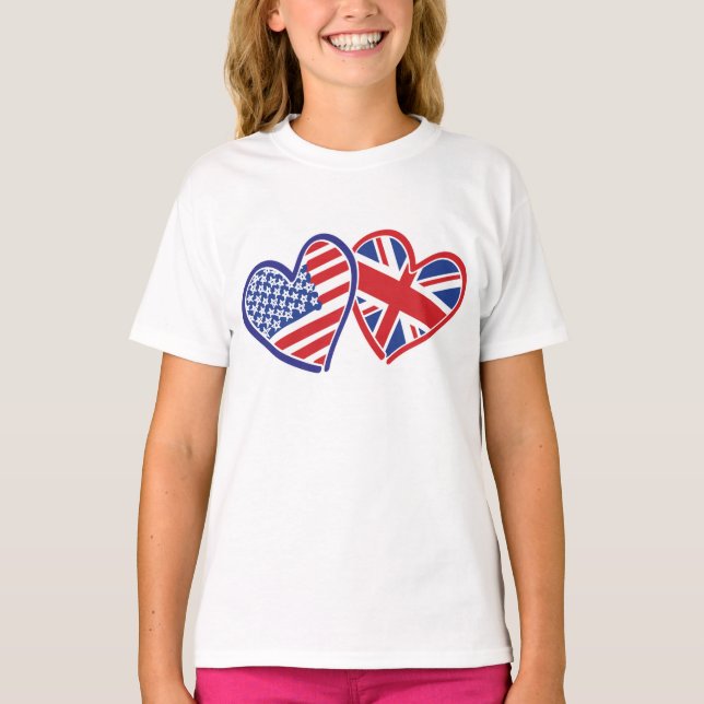 USA och Storbritannien Patriotic Flagga Hearts T-shirt (Framsida)