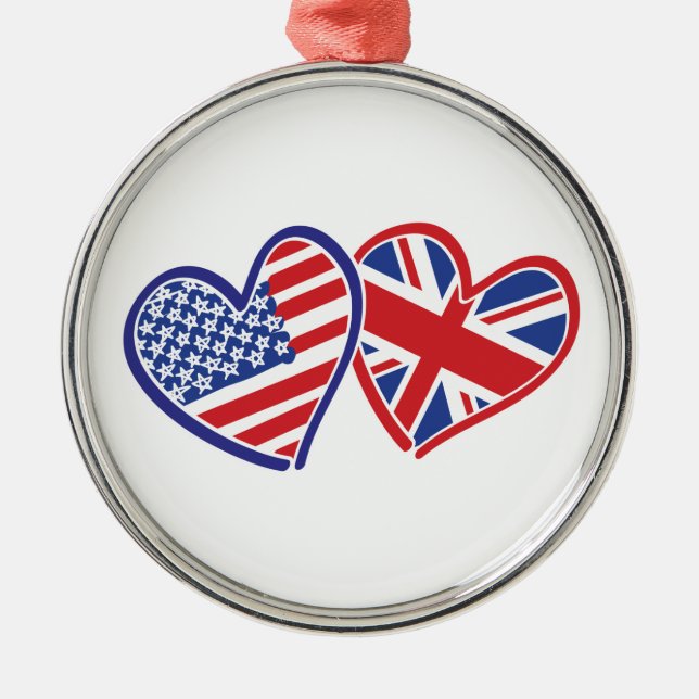 USA och UK Flagga Hearts Julgransprydnad Metall (Framsidan)