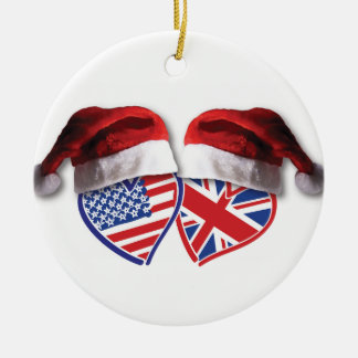 USA och UK Flagga Hearts med Santa Hats Julgransprydnad Keramik