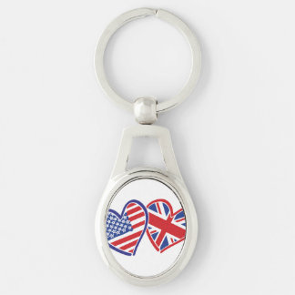USA och UK Flagga Hearts Ovalt Silverfärgad Nyckelring