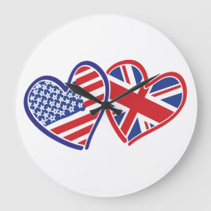 USA och UK Flagga Hearts Stor Klocka