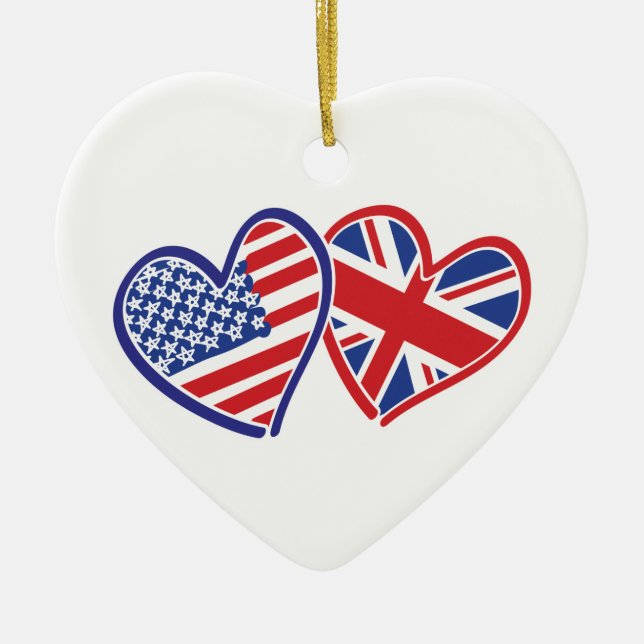 USA och UK Flagga Hjärtan Julgransprydnad Keramik (Framsidan)