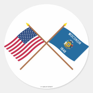 USA och Wisconsin Crossed Flaggor Runt Klistermärke