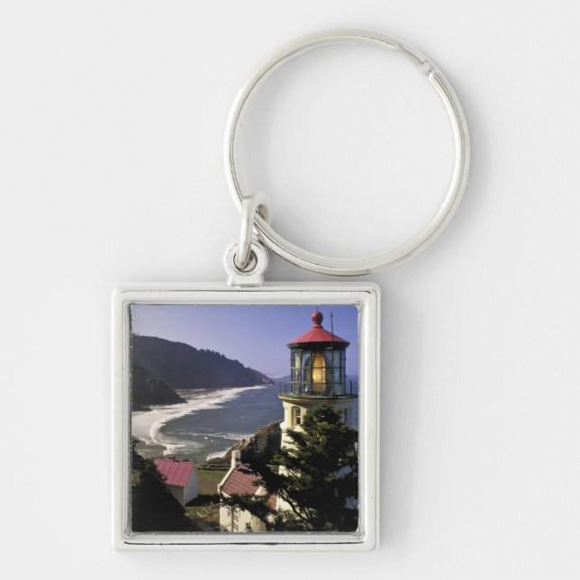 USA, Oregon, Florence. Heceta Head fyr Fyrkantig Silverfärgad Nyckelring (Framsidan)