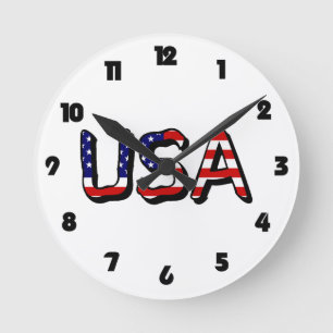 USA överlade med US Flagga Black Tjock Numbers wc Rund Klocka