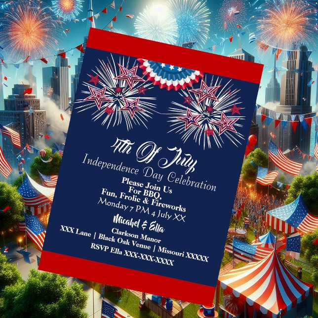 USA Patriotic 4:e juli Firecracker BBQ Party Blue Inbjudningar (US Patriotic 4th July Firecracker BBQ Party Blue Invitation)