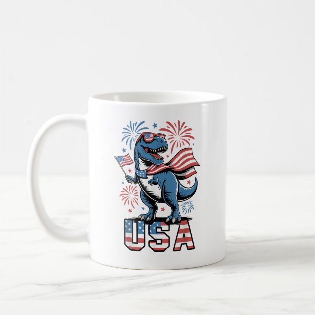 USA Patriotic American Flagga 4 juli Dinosaur Kaffemugg (Vänster)