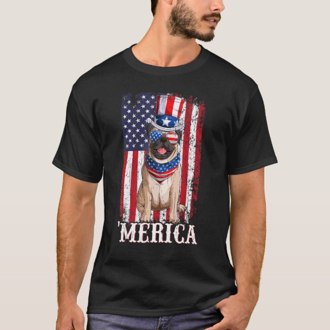 USA Patriotic American Flagga Beige Pug Hund 4:e T Shirt (Framsida)