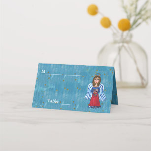 USA Patriotic Angel Holding flagga Blue Guld Stars Placeringskort