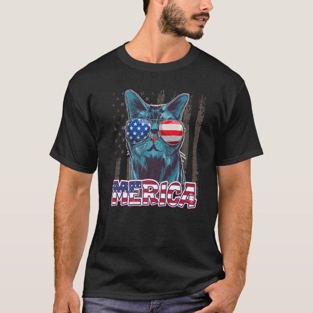 USA Patriotic Cat 4:e juli amerikanska Flagga Wo T Shirt (Framsida)