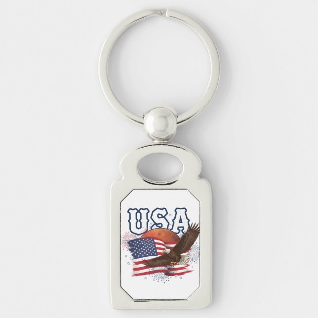 USA Patriotic Eagle with Mars Red Planet Design Rektangulärt Silverfärgad Nyckelring (Framsidan)