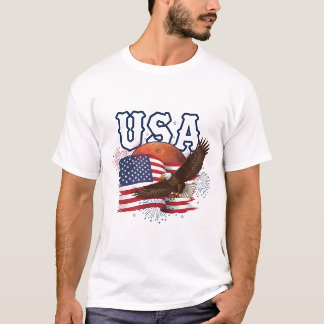 USA Patriotic Eagle with Mars Red Planet Design T Shirt (Framsida)