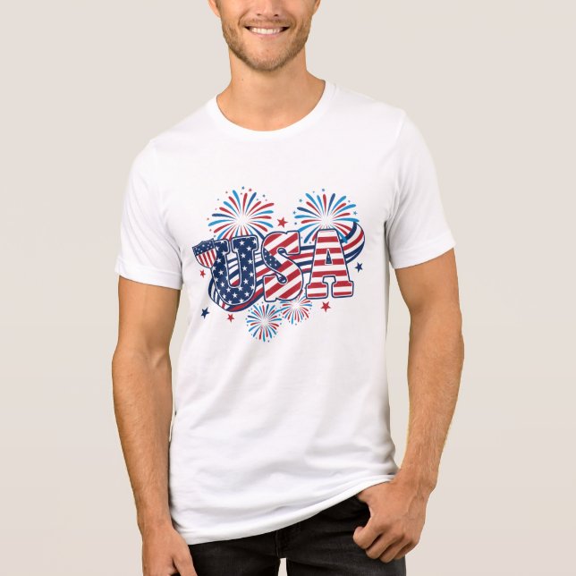 USA Patriotic Fireworks Red White Blue American  T Shirt (Framsida)