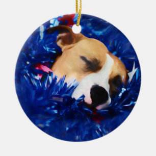 USA Patriotic Hund American Pit Bull Terrier Julgransprydnad Keramik