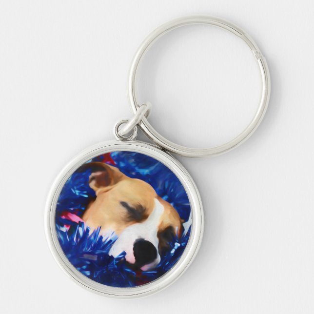 USA Patriotic Hund American Pit Bull Terrier Rund Silverfärgad Nyckelring (Framsidan)