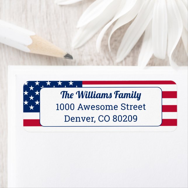 USA Patriotic Land American Flagga Rött vitt blått Returadress Etikett (Insitu)