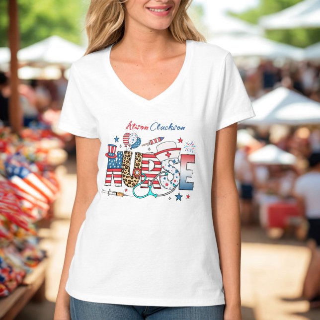USA Patriotic Nurse 4:e juli Icons Namn T Shirt (Skapare uppladdad)
