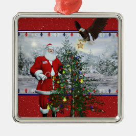 USA Patriotic Santa Silver Framed Square Ornament