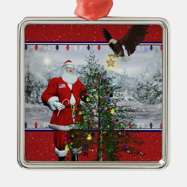 USA Patriotic Santa Silver Framed Square Ornament (Framsidan)