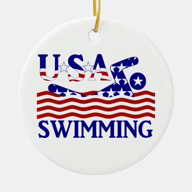 USA Patriotic Swimming Sports Julgransprydnad Keramik (Framsidan)
